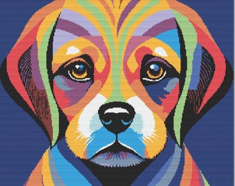 Colorful Pop Art Dog Embroidery | Rainbow Beagle Wall Art PDF | Vibrant Needlework Decor