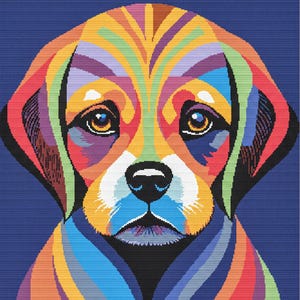 Colorful dog art design featuring rainbow tones for a modern embroidery project.