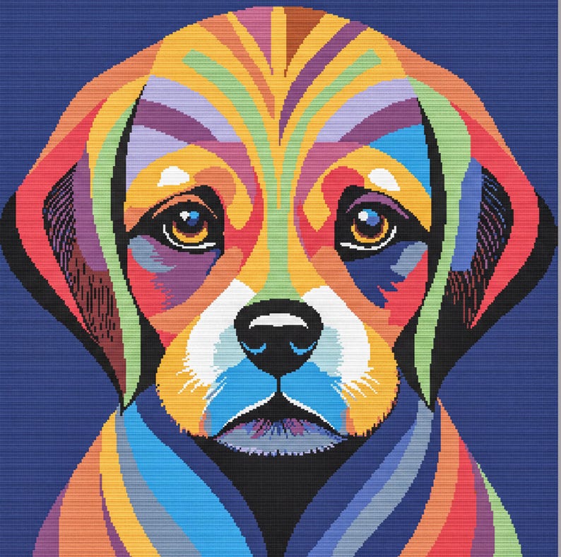 Colorful dog art design featuring rainbow tones for a modern embroidery project.