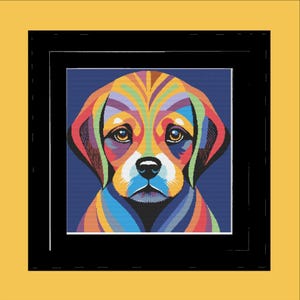 Modern puppy cross stitch showing blue, pink, and orange tones in pop art style.