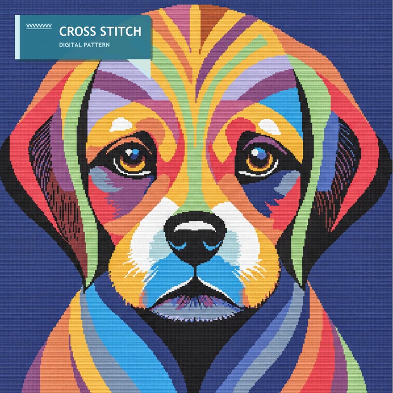 The image is a digital cross-stitch pattern depicting a colorful, abstract representation of a dog's face.