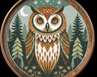 Woodland Owl Cross Stitch Pattern – Boho Needlework PDF – Rustic Home Decor