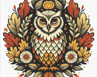 Autumn Owl Cross Stitch Pattern: Colorful Oak Leaves, Fall Design