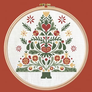 Folk Art Christmas Tree Cross Stitch Pattern - Cozy Nordic Holiday Design