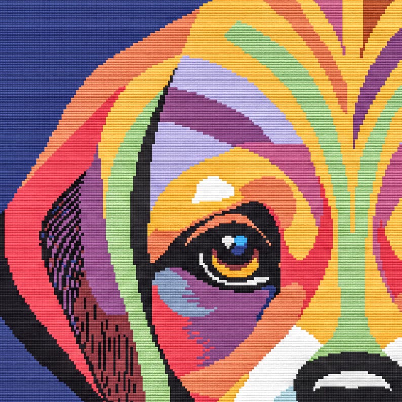 A colorful, abstract representation of a dog's face, with vibrant colors and patterns that create a visually striking image.