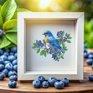Punto de cruz de pájaro primaveral, pájaro azul con arándanos (PDF instantáneo)