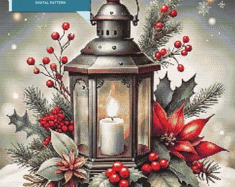 Holiday Cross Stitch Pattern: Lantern with Poinsettia and Candle - Digital Download