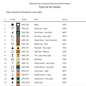 Complete DMC Color Floss Chart for your owl pattern
