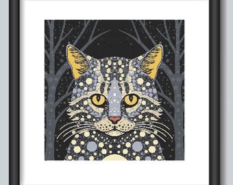Starry Tabby Cat in Moonlit Forest | 300x300 Modern Gray & Gold Needle Art