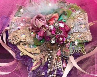 Romantic Lace Cuff Bracelet, Hand-Painted Floral Cuff with Satin Roses and Leaves, Boho-Chic Victorian Fabric Bracelet, One of a Kind!