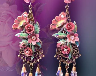 Peach Floral Chandelier Earrings, Hand-Painted Victorian Dangle Flower Earrings, Pink & Crystal AB Art to Wear, Artistic Jewelry