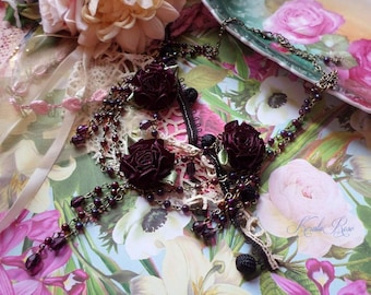 Ornate Beaded Rose Necklace, Feminine Victorian Flower Jewelry, Elegant Burgundy Floral Costume Necklace, Romantic Gypsycore Necklace Set