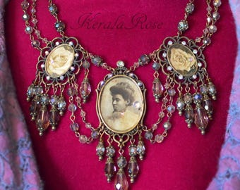 Rare Black Victorian Woman Necklace & Chandelier Earring Set, Antique Black and White Photo Jewelry, Romantic Gray Crystal Costume Jewelry