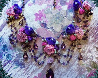 Purple & Pink Rose Necklace with Violet Crystal Jewels, Floral Shabby Chic Bridal Necklace, Ornate Flower Jewelry, Costume Necklace