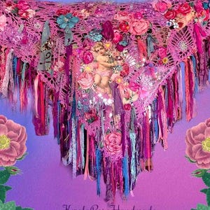Shabby Chic Crochet Shawl | Handmade Fantasy Floral Wrap | Cherub Angel Pastel Crochet Art to Wear | Elegant Boho Shawl | Victorian Costume