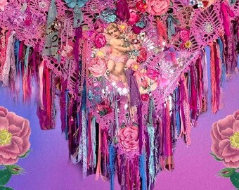 Shabby Chic Crochet Shawl | Handmade Fantasy Floral Wrap | Cherub Angel Pastel Crochet Art to Wear | Elegant Boho Shawl | Victorian Costume