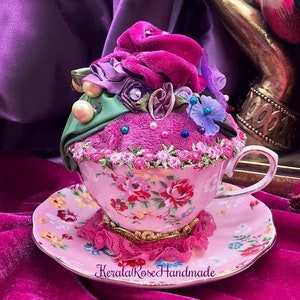 Tea Cup Pin Cushion, Shabby-Chic Rose Chintzware Pin Holder,  Fantasy Victorian Floral Sewing Accessory,  Gift for Seamstress, One of a Kind