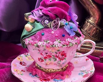 Tea Cup Pin Cushion, Shabby-Chic Rose Chintzware Pin Holder,  Fantasy Victorian Floral Sewing Accessory,  Gift for Seamstress, One of a Kind