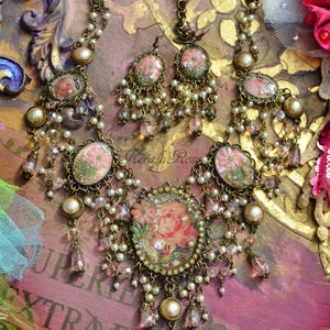 Victorian Floral Necklace & Chandelier Earrings Set, Shabby Chic Cream Pearl Flower Necklace, Antique Rose Costume Jewelry, One of a Kind