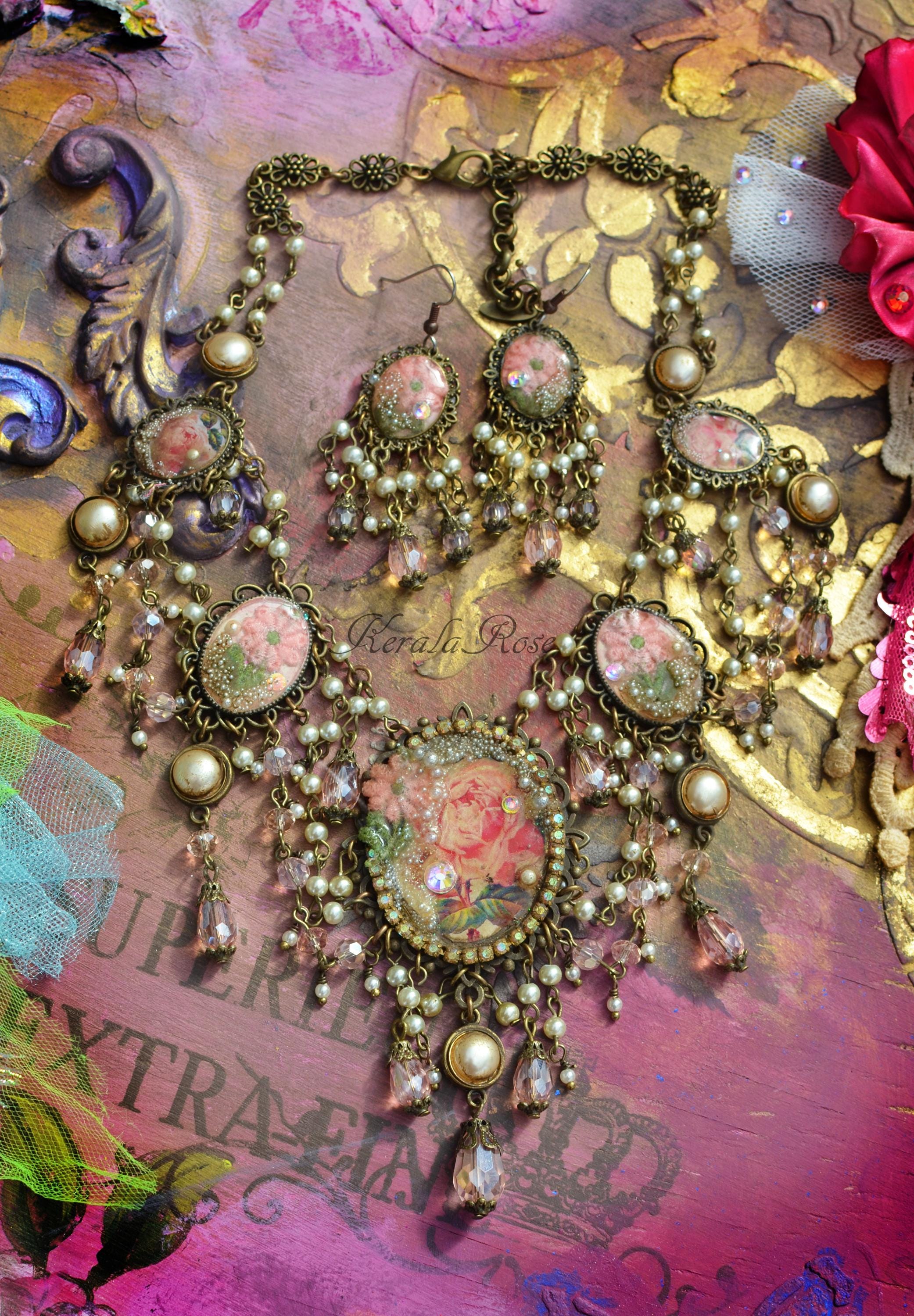 Victorian Floral Necklace & Chandelier Earrings Set, Shabby Chic Cream Pearl Flower Necklace, Antique Rose Costume Jewelry, One of a Kind