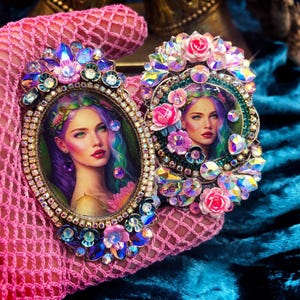Fantasy Statement Ring, Huge Sparkly Costume Ring with Colorful Woman Images, Pink & Purple Adjustable Rings- One of a Kind