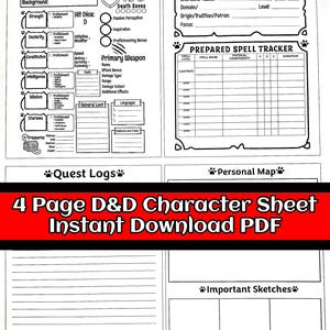 May include: A black and white Dungeons & Dragons character sheet PDF. The sheet includes sections for character stats, spell tracking, quest logs, and a personal map. Text on the sheet includes "Dungeons & Dragons Spell Tracker" and "4 Page D&D Character Sheet Instant Download PDF."