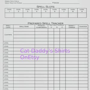 Downloadable Dungeons and Dragons Spell Tracker Sheet PDF - D&D 5E Magic Spell tracker Single Page for all Classes - DM and Player Designed
