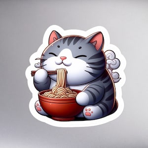 Adesivo Ramen Cat Anime Cat Eating Ramen Noodles - Adesivo carino Kawaii Cat Lovers - Adesivo retrò giapponese Lucky Cat - Design decalcomania unico