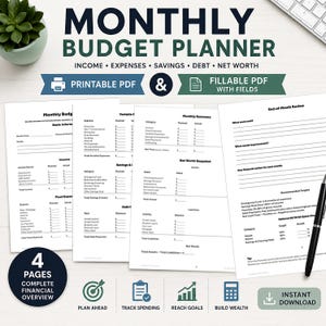 Op de afbeelding: Een maandelijkse budgetplanner met afdrukbare en invulbare PDF-opties. De planner bevat secties voor inkomsten, uitgaven, besparingen, schulden en vermogen. De afbeelding bevat ook pictogrammen voor planning, het volgen van uitgaven.