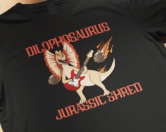 Dilophosaurus Jurassic Shred Guitar T-shirt, grappig dinosaurus rockmuziek T-shirt, dino gitarist cadeau, paleontologie shirt, metal muziek cadeau