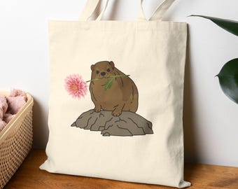 Rock Hyrax Tote Bag, Hyrax With Flower, Cute Hyrax Gift, Romantic Niche Animal Canvas Tote, Funny Weird Animal Lover Bag, Cute Awawa hyrax