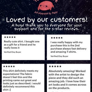 May include: A digital graphic featuring the text TbsArtStore Art, Apparel & More above a pink frog illustration. Below, the text Loved by our customers! A huge thank you to everyone for your support and for the 5-star reviews. Four white review boxes.