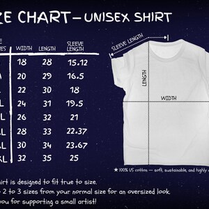May include: A size chart for a unisex shirt on a dark blue background. The chart lists sizes S through 5XL with corresponding width, length, and sleeve length measurements in inches. A white t-shirt graphic shows where to measure for fit.