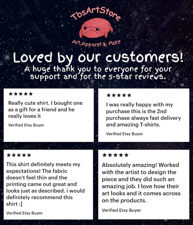 May include: A digital graphic featuring the text TbsArtStore Art, Apparel & More above a pink frog illustration. Below, the text Loved by our customers! A huge thank you to everyone for your support and for the 5-star reviews. Four white review boxes.
