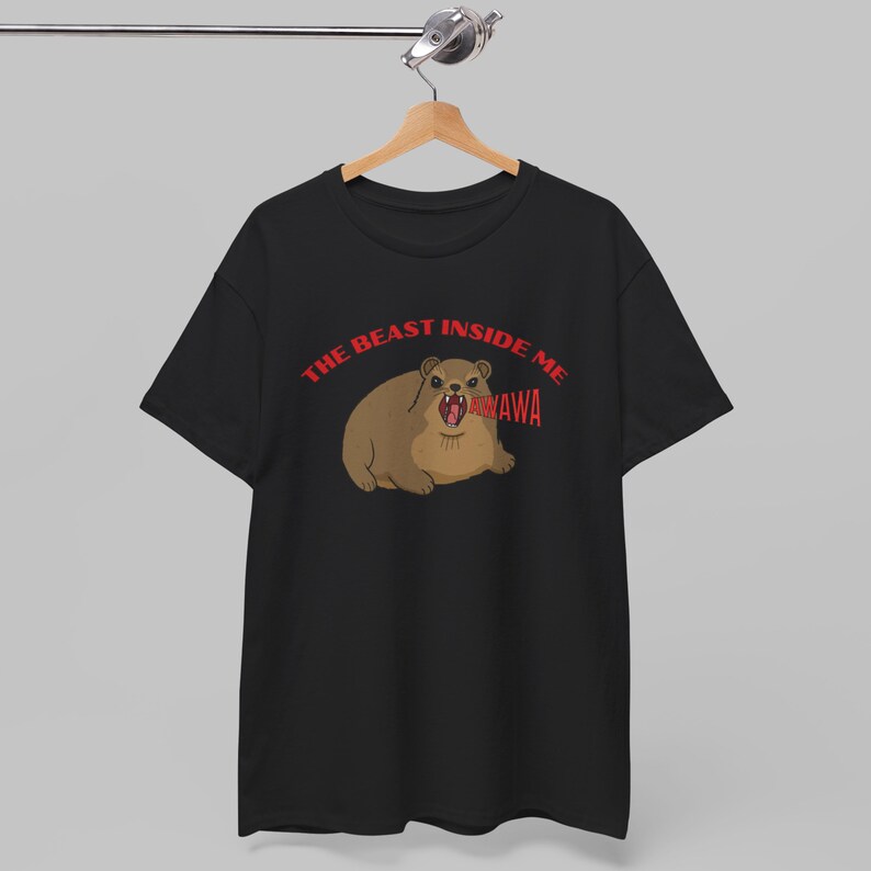 Funny hyrax meme shirt with screaming hyrax illustration and text “The Beast Inside Me AWAWA” on t-shirt
