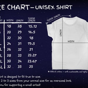May include: A size chart for a unisex shirt on a dark blue background. The chart lists sizes S through 5XL with corresponding width, length, and sleeve length measurements in inches. A white t-shirt graphic shows where to measure for fit.