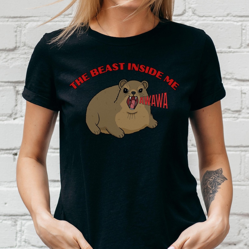 Funny hyrax meme shirt with screaming hyrax illustration and text “The Beast Inside Me AWAWA” on t-shirt