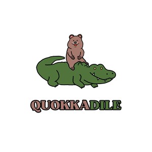 May include: A green alligator with a brown quokka sitting on its back. The text "QUOKKADILE" is written below the alligator.