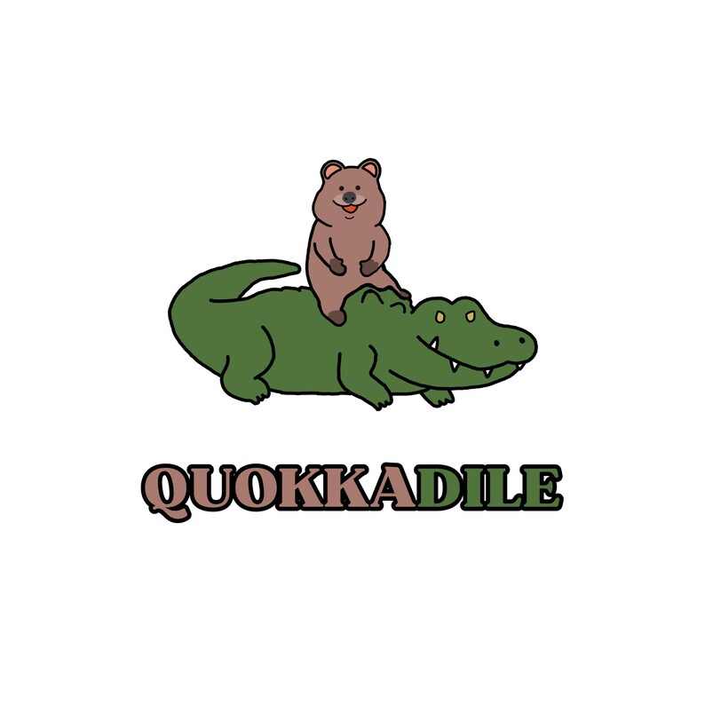 May include: A green alligator with a brown quokka sitting on its back. The text "QUOKKADILE" is written below the alligator.