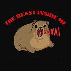 Op de afbeelding: Een cartoon illustratie op een zwarte achtergrond. De afbeelding toont een bruin, rond wezen met een open mond, die tanden laat zien. Boven het wezen staat de tekst "THE BEAST INSIDE ME" in het rood, met "AWAWA" in het rood bij de mond.