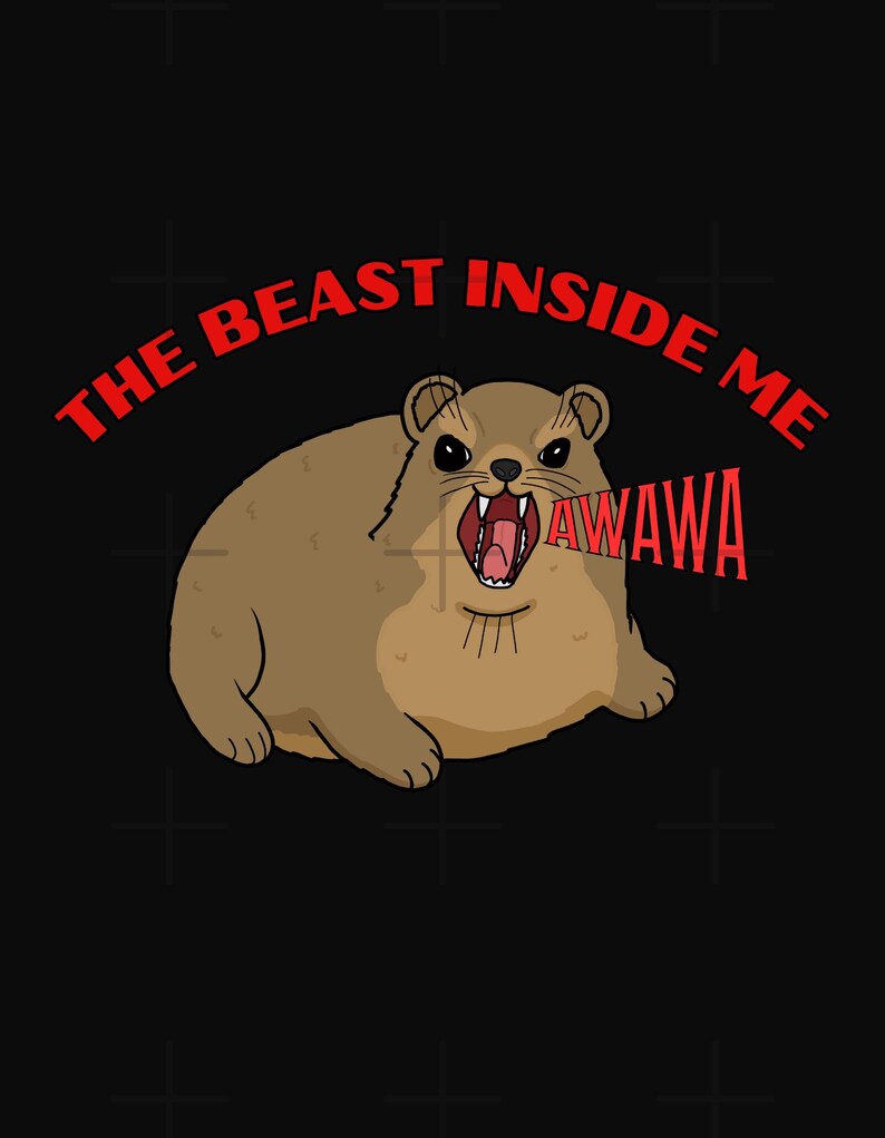 Op de afbeelding: Een cartoon illustratie op een zwarte achtergrond. De afbeelding toont een bruin, rond wezen met een open mond, die tanden laat zien. Boven het wezen staat de tekst "THE BEAST INSIDE ME" in het rood, met "AWAWA" in het rood bij de mond.