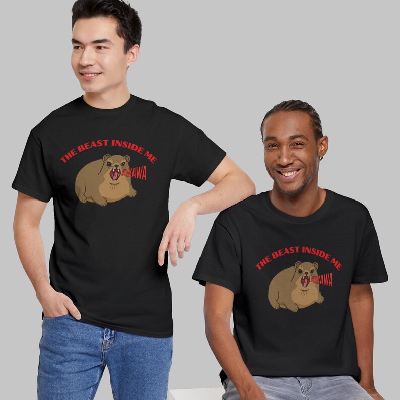 Funny hyrax meme shirt with screaming hyrax illustration and text “The Beast Inside Me AWAWA” on t-shirt