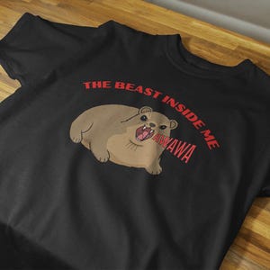 Funny hyrax meme shirt with screaming hyrax illustration and text “The Beast Inside Me AWAWA” on t-shirt