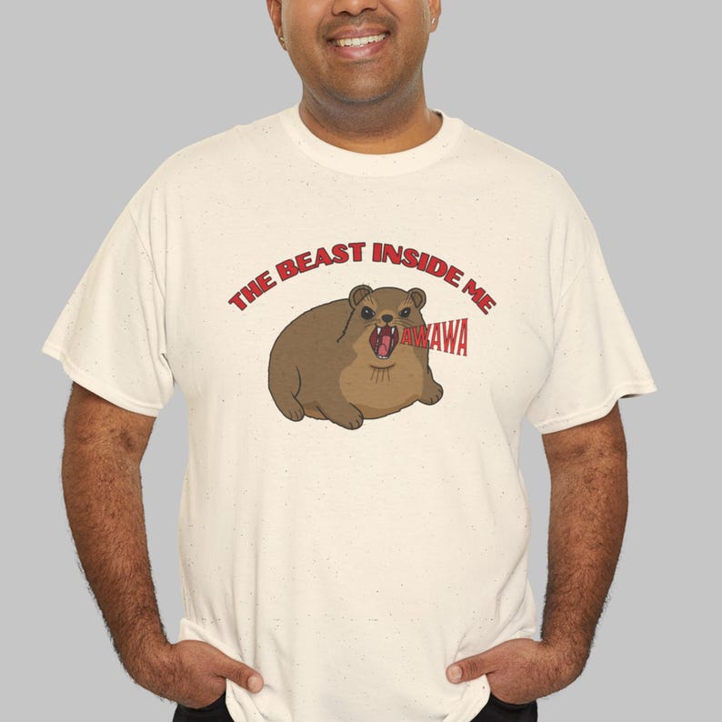 Funny hyrax meme shirt with screaming hyrax illustration and text “The Beast Inside Me AWAWA” on t-shirt