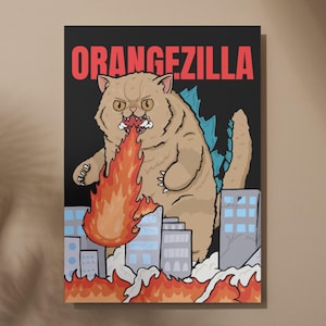 以下が含まれることがあります： 黒い背景に「ORANGEZILLA」と書かれた、猫のようなモンスターの漫画イラスト。 モンスターはベージュ色で、青い背骨があり、街に火を吹いています。 建物は青い窓のあるグレーで、炎はオレンジと赤です。