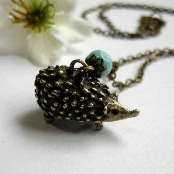 Little hedgehog necklace, brass charm, glass turquoise bead, women's necklace, long brass chain, woodland animal necklace