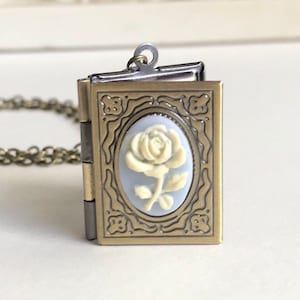 Vintage brass book locket necklace, blue cameo with rose, long soldered brass chain, keepsake gift for her, necklace for women