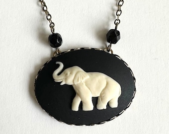 Elephant cameo necklace, oxidized brass setting, large horizontal black cameo pendant, women's necklace, soldered brass chainvintage cameo