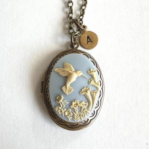 Hummingbird Cameo Locket Necklace: Personalized Initial, Blue Bird Pendant, Vintage Brass, Keepsake Photos