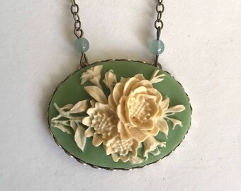 Sage green cameo necklace with ivory rose, large cameo pendant, vintage inspired rose necklace, gift for Mom, women's giftvintage cameo